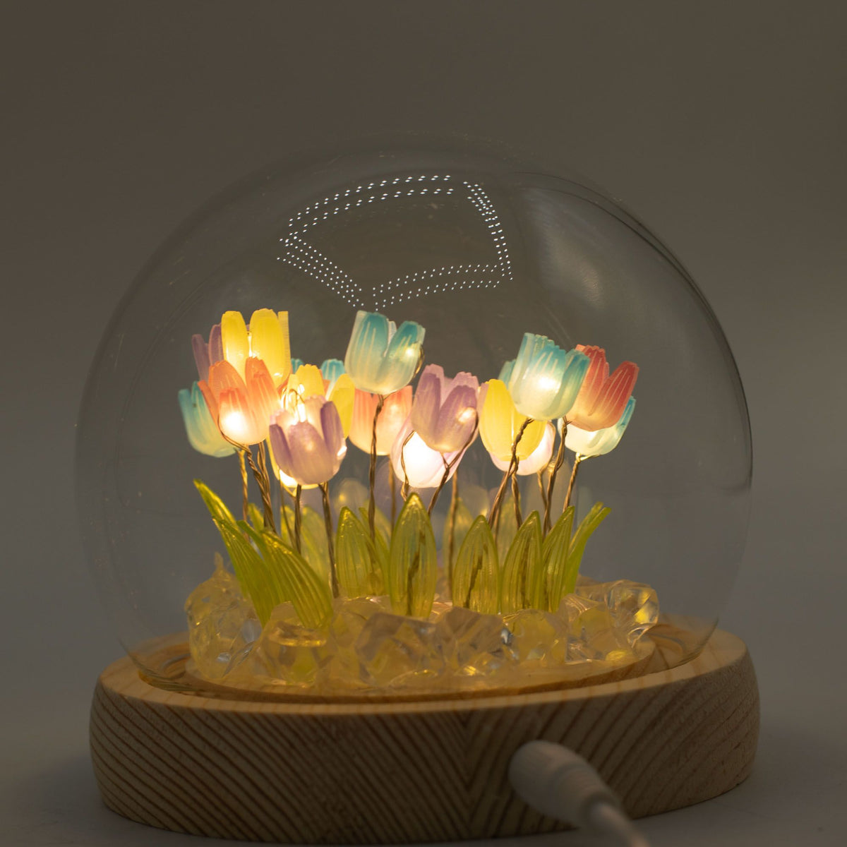 Světelná dekorace pod sklem – Pestrobarevné tulipány · USB