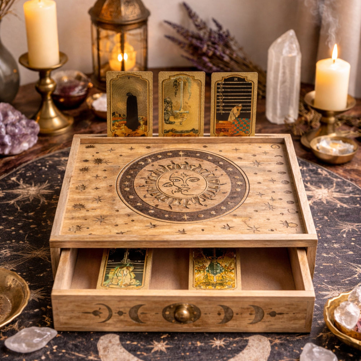 Krabička na tarot se zásuvkou – Slunce a měsíc