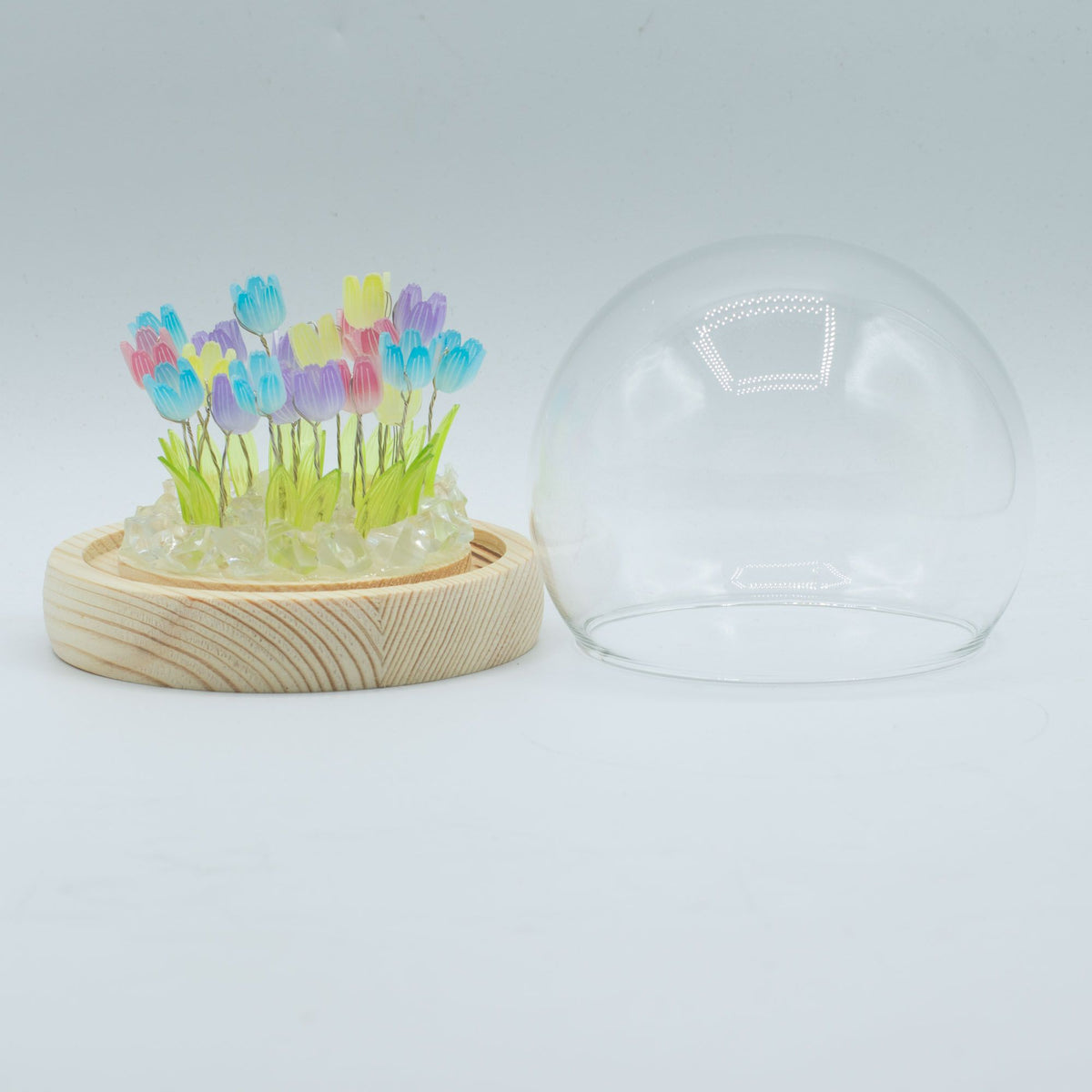 Světelná dekorace pod sklem – Pestrobarevné tulipány · USB