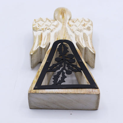 Anděl z Mangového Dřeva - Bílý Vymývaný s Kovovým Dekorem - 18cm