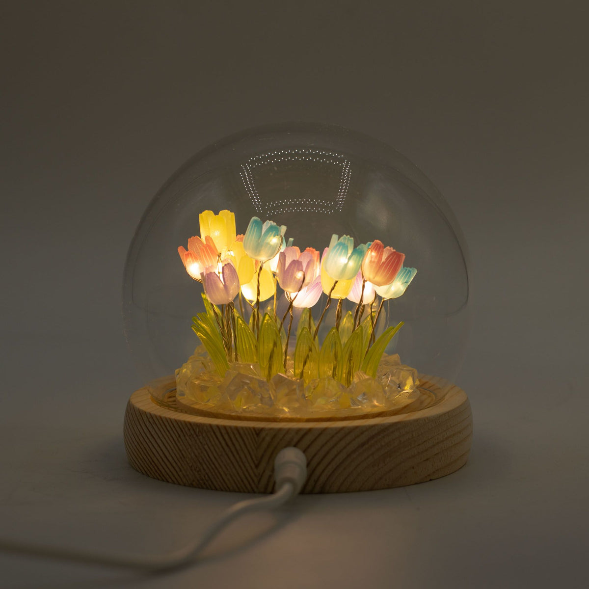 Světelná dekorace pod sklem – Pestrobarevné tulipány · USB