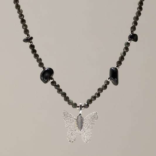 Minerální náhrdelník Nymph s motýlem – černý obsidián