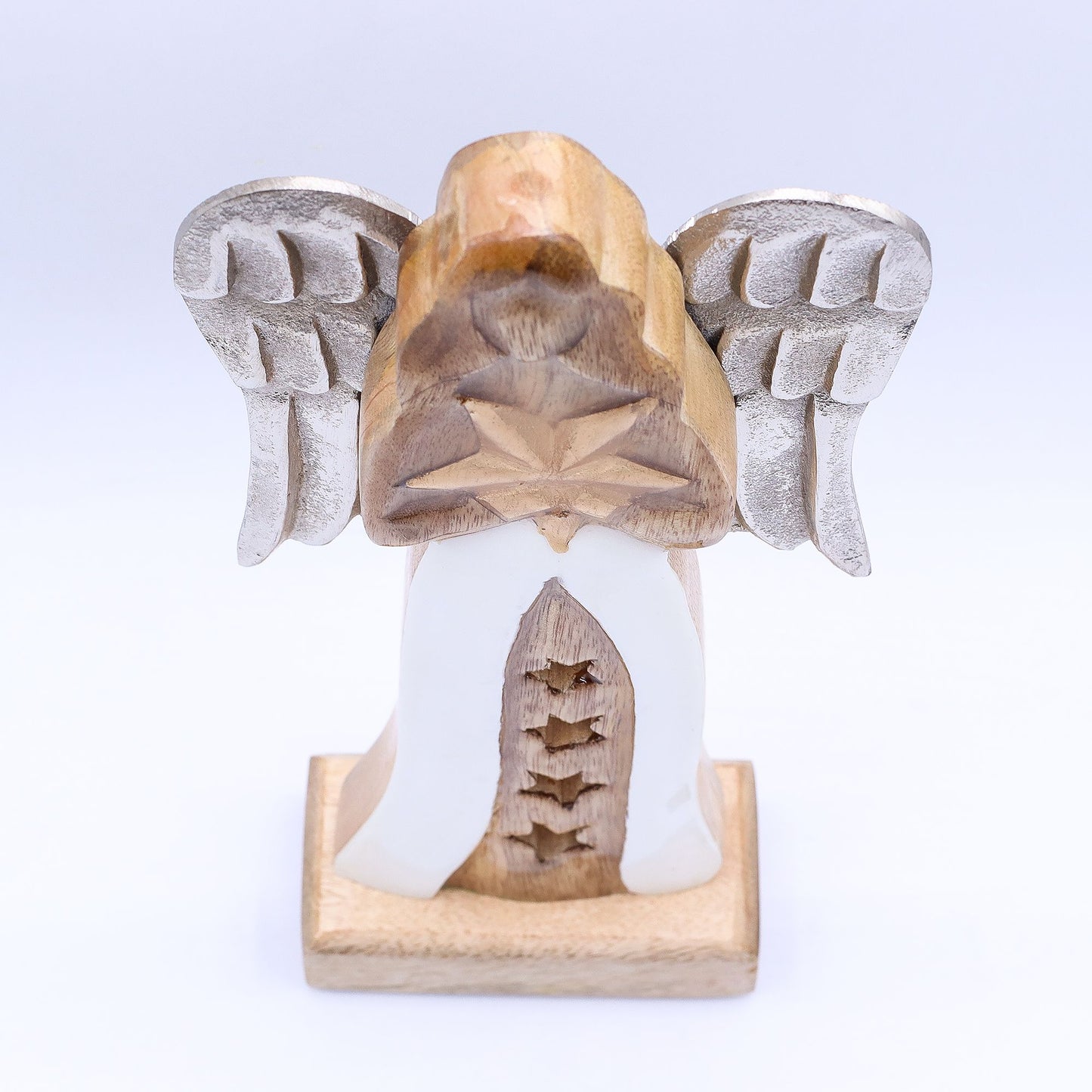 Velký Anděl Hvězda z Mangového Dřeva a Kovovými Křídly & Smaltovaný Detail - 30cm