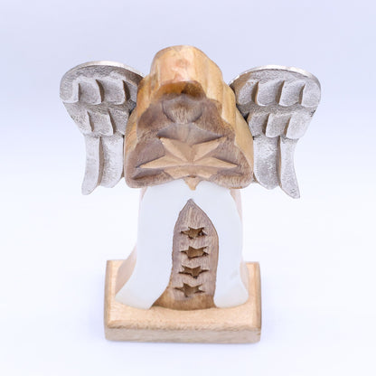 Velký Anděl Hvězda z Mangového Dřeva a Kovovými Křídly & Smaltovaný Detail - 30cm