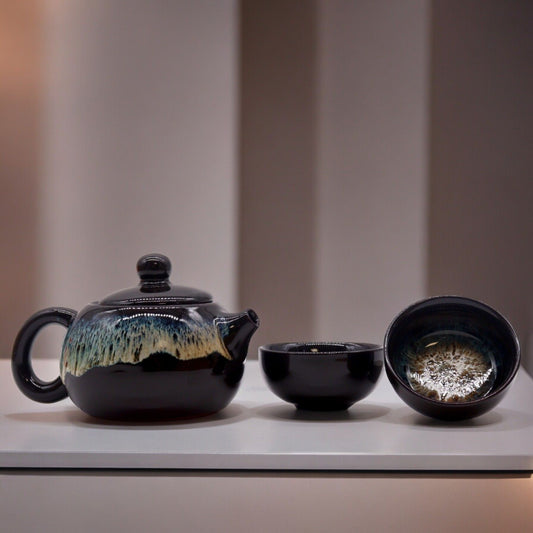 Set čajové konvice Herbal Black Glaze – konvice a dva šálky