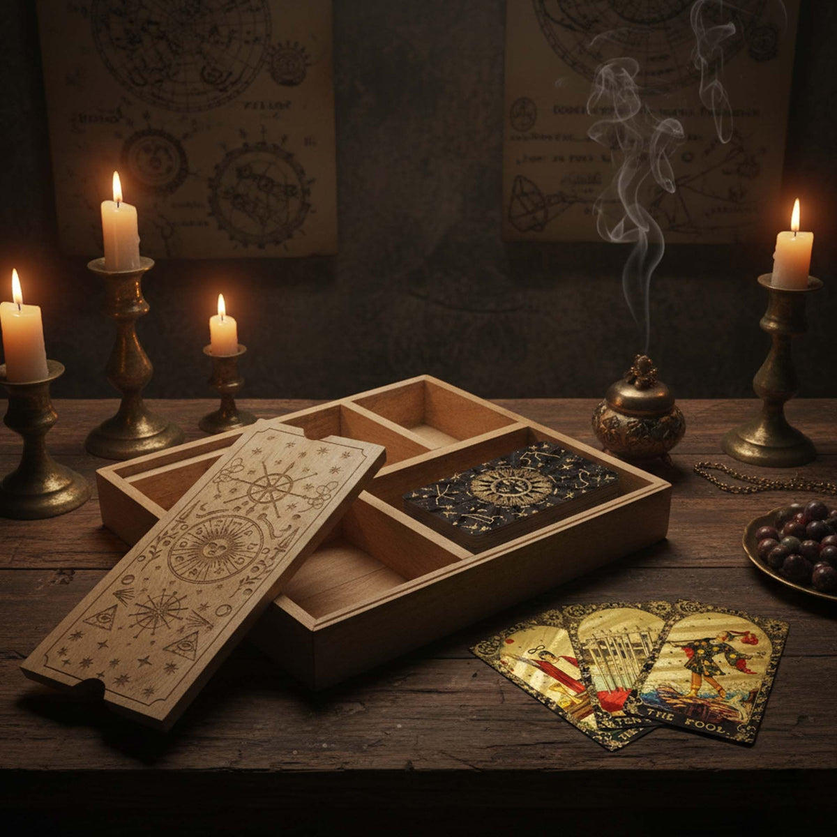 Krabička na tarot se čtyřmi přihrádkami – rytý motiv
